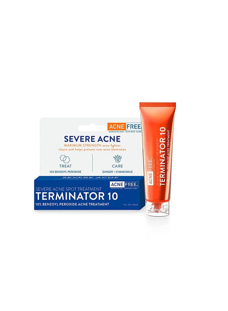 Acne Free Terminator 10 Acne Spot Treatment with Benzoyl Peroxide 10% Maximum Strength Acne Cream Treatment, 1 Ounce - Pack Of 1