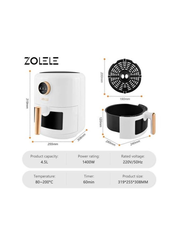 Zolele Electric Air Fryer, 4.5L Capacity, 4D Hot Air Circulation, Non-Stick Coating Fried Basket, Window Basket, Wide Preset, Black | ZA004-BLACK