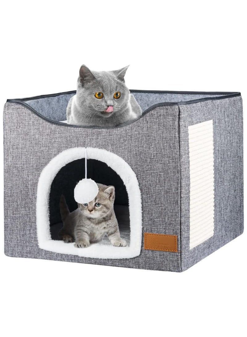 Cat Bed for Indoor Cats, Cat House with Durable Scratching Board and Dangling Toy Ball, Foldable Cat Condo with Reversible Cushions and Large Opening (Grey)