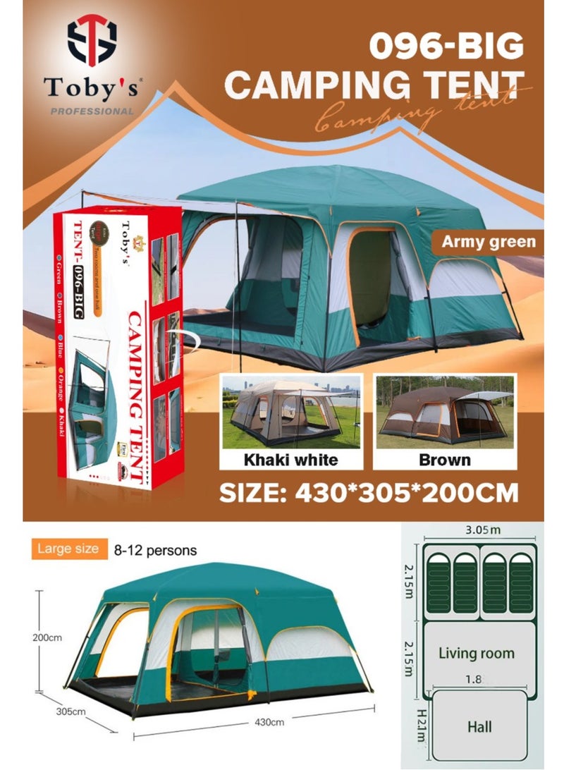 Toby’s New 8-12 person double layer outdoor camping tent two bedrooms and a living room family cabin (Green)