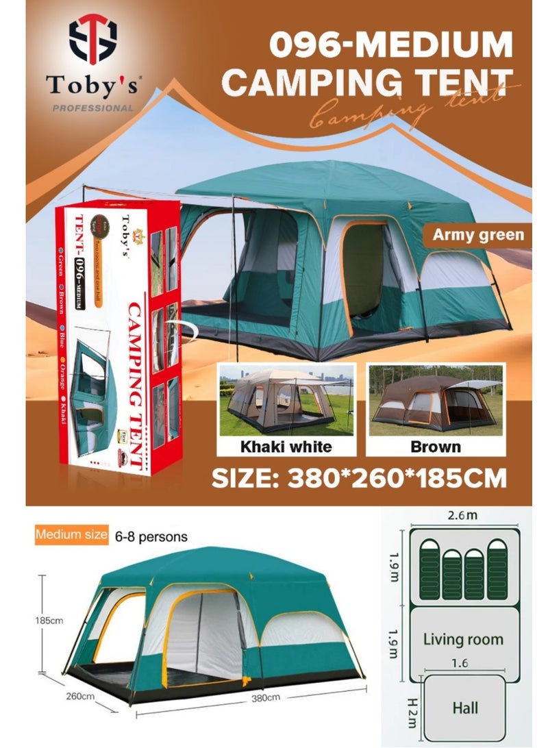 Toby’s New 6-8 person double layer outdoor camping tent two bedrooms and a living room family cabin (Green)