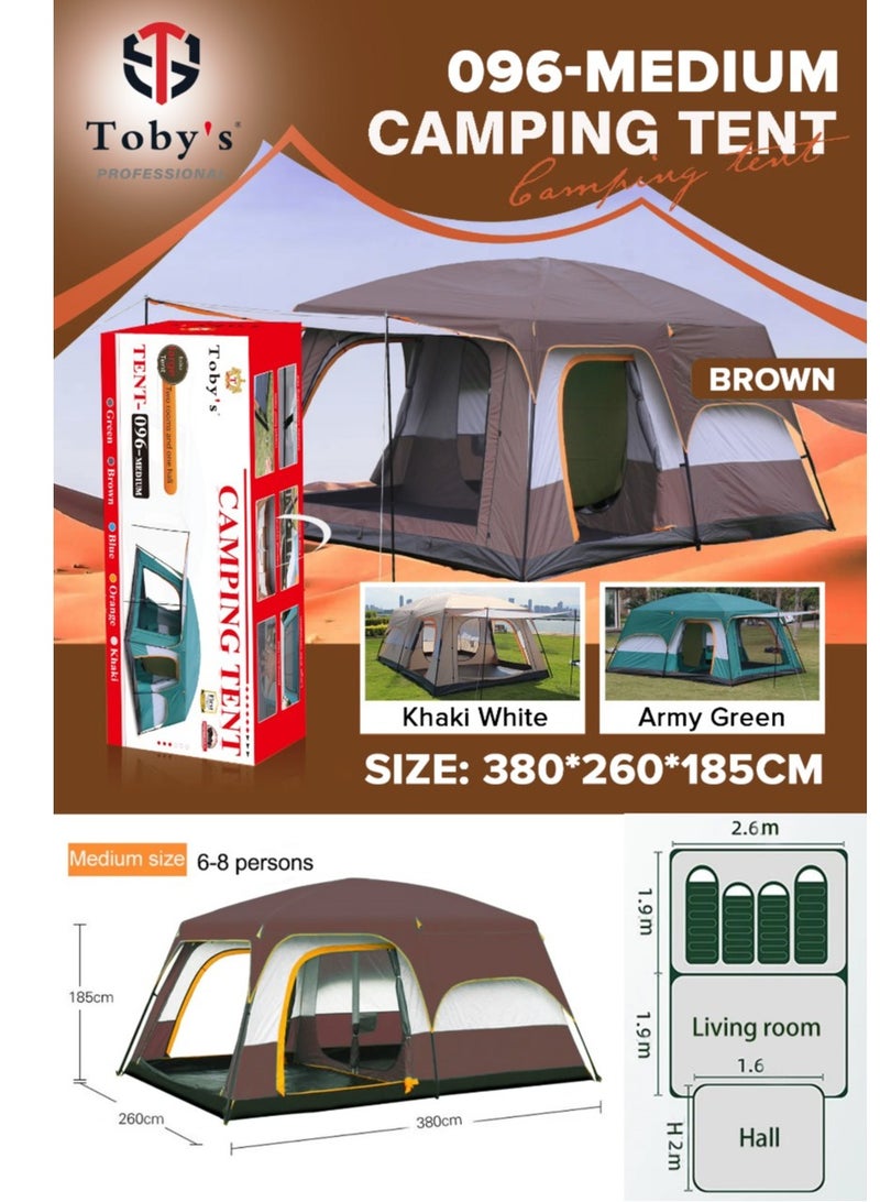 Toby’s New 6-8 person double layer outdoor camping tent two bedrooms and a living room family cabin (Brown)