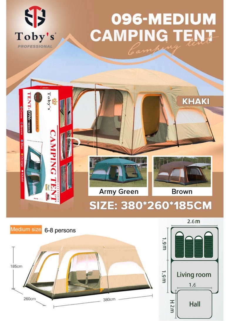 Toby’s New 6-8 person double layer outdoor camping tent two bedrooms and a living room family cabin (Khaki)