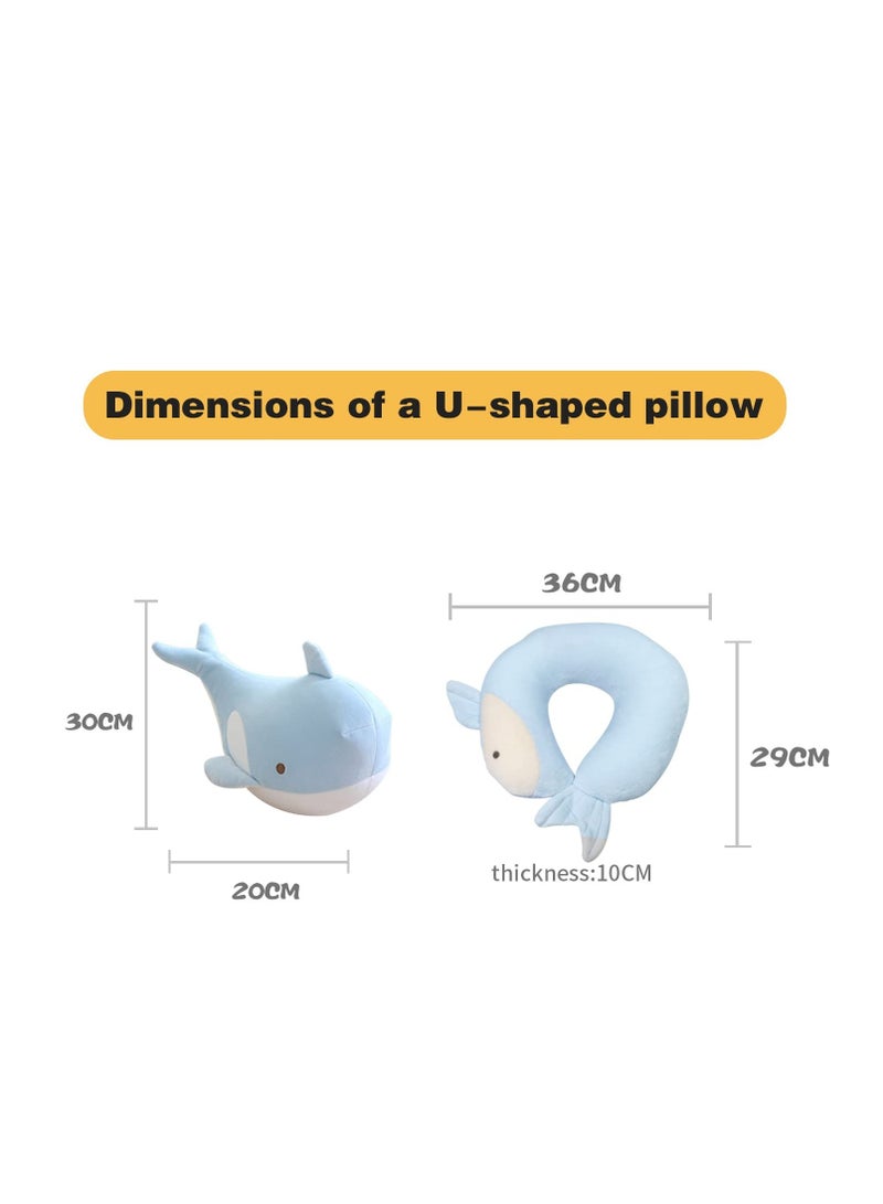 U-Shaped Elasticity Travel Pillow, Soft and Adorable Bluewhale Travel Pillow, Convenient & Portable U Shaped Neck Pillows, Suitable for Home, Office, Car, Travelling (Blue)