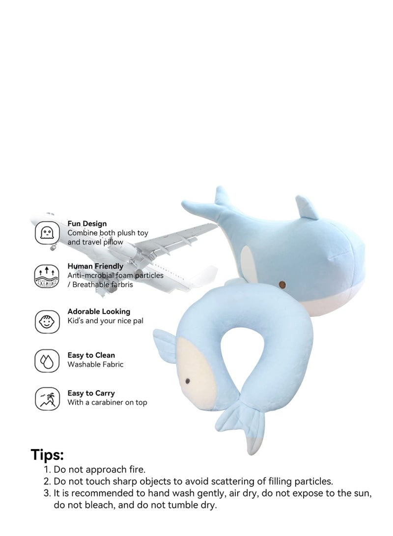 U-Shaped Elasticity Travel Pillow, Soft and Adorable Bluewhale Travel Pillow, Convenient & Portable U Shaped Neck Pillows, Suitable for Home, Office, Car, Travelling (Blue)