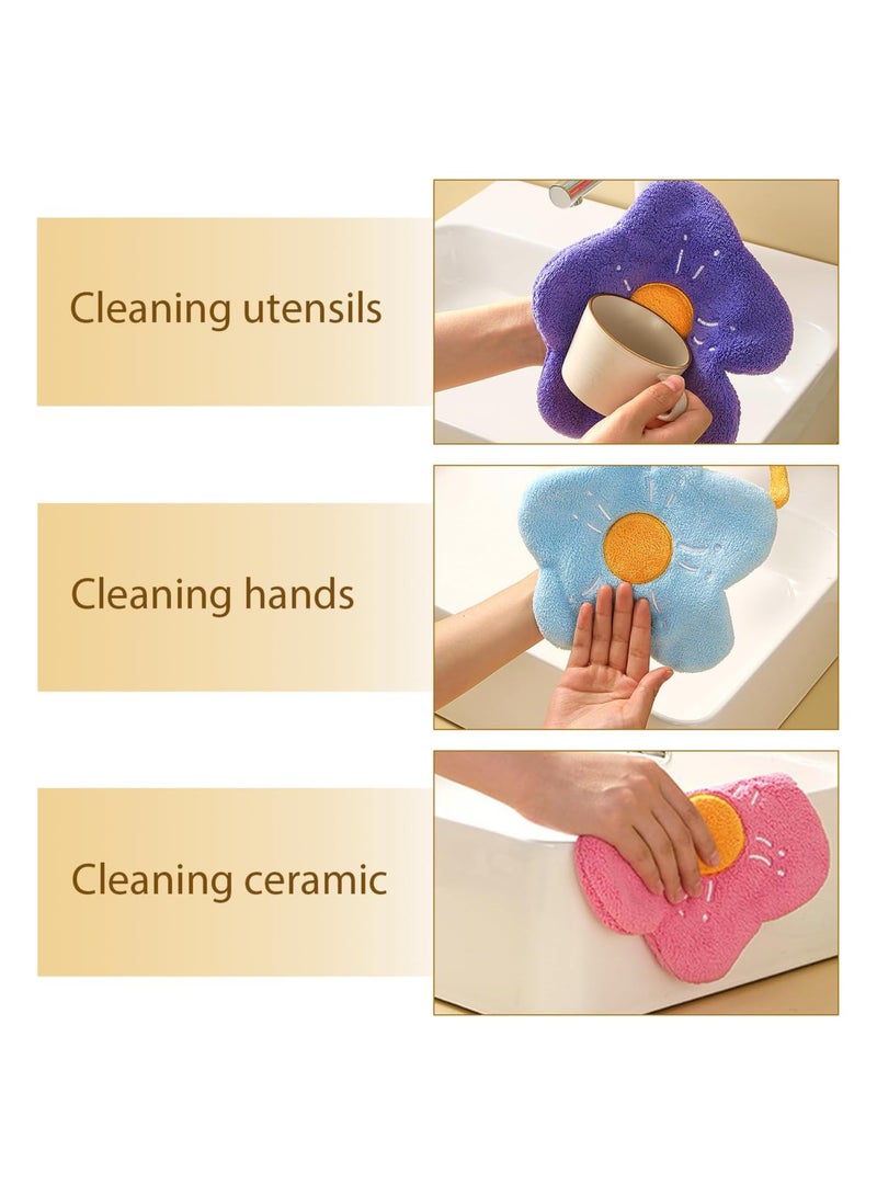 Cute Flower Hand Towels with Hanging Loop, 4 Pcs Soft Absorbent Coral Fleece Hand Towels, Bathroom Kitchen Quick Dry Hanging Hand Towels for Kids, Adults