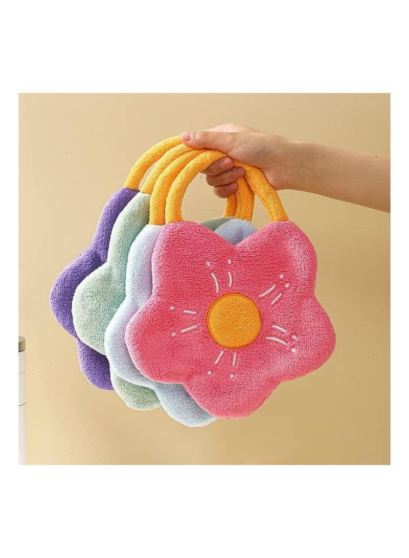 Cute Flower Hand Towels with Hanging Loop, 4 Pcs Soft Absorbent Coral Fleece Hand Towels, Bathroom Kitchen Quick Dry Hanging Hand Towels for Kids, Adults