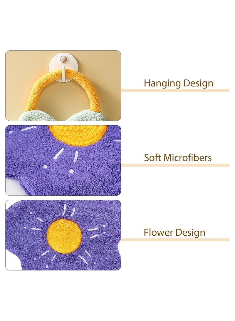 Cute Flower Hand Towels with Hanging Loop, 4 Pcs Soft Absorbent Coral Fleece Hand Towels, Bathroom Kitchen Quick Dry Hanging Hand Towels for Kids, Adults