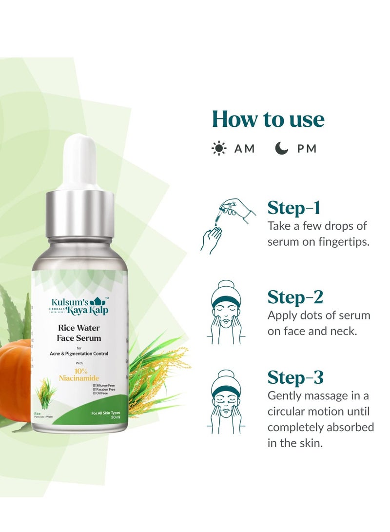 Kulsum's Kaya Kalp Herbals Rice Water Face Serum for Acne Pigmentation Control with 10% Niacinamide Serum All Skin Type 30ml