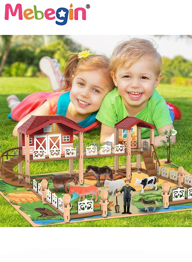 Farm Animals Playset Toys, Plastic Farm Animals Figurines and Fence Play Toy, Toy Farm Kit with Farmer, Animals and Building, Farming Model Toys Gifts for Kids 3+