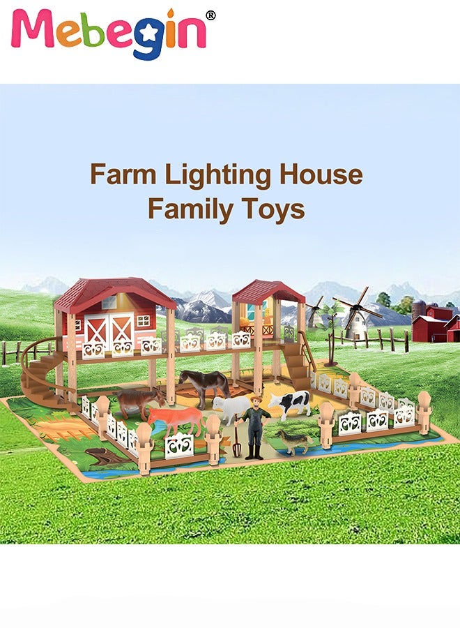 Farm Animals Playset Toys, Plastic Farm Animals Figurines and Fence Play Toy, Toy Farm Kit with Farmer, Animals and Building, Farming Model Toys Gifts for Kids 3+