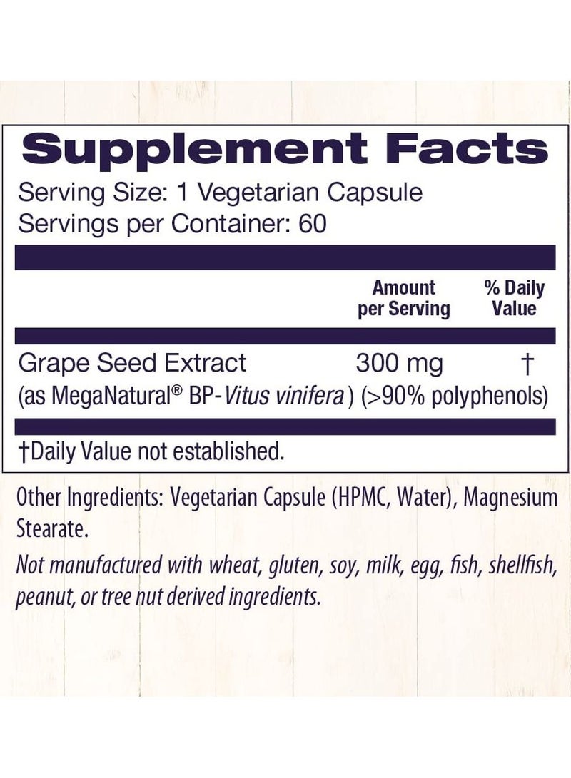 MegaNatural BP-Grape Seed Extract, 300 mg - Blood Flow Support - Premium Grapeseed Extract Capsules - Non-GMO & Gluten-Free Supplement - 60 Veggie Capsules