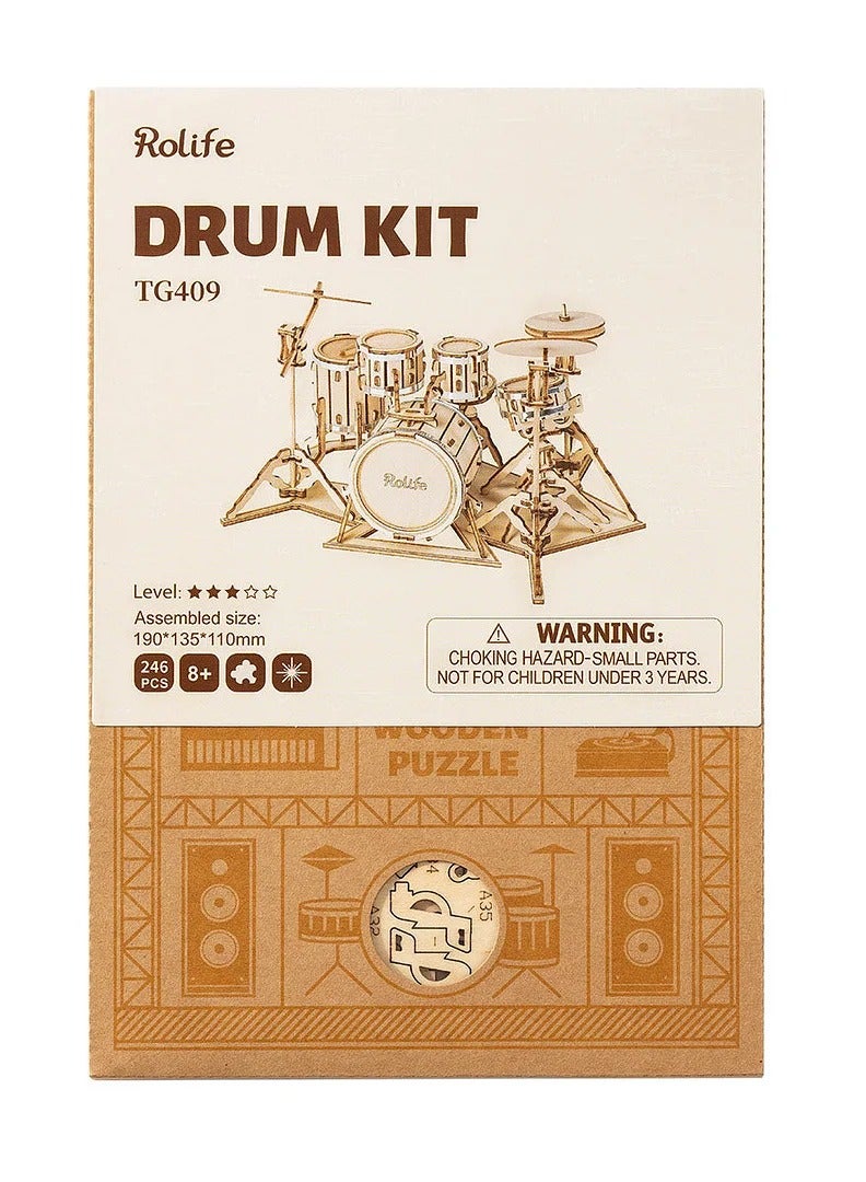 Rolife Drum Kit 3D Wooden Puzzle TG409, Assembly Brain Teaser 3D Wooden Puzzle DIY Build Model Crafts Kits, Unique Home Decor Birthday Gifts for Teens or Adults