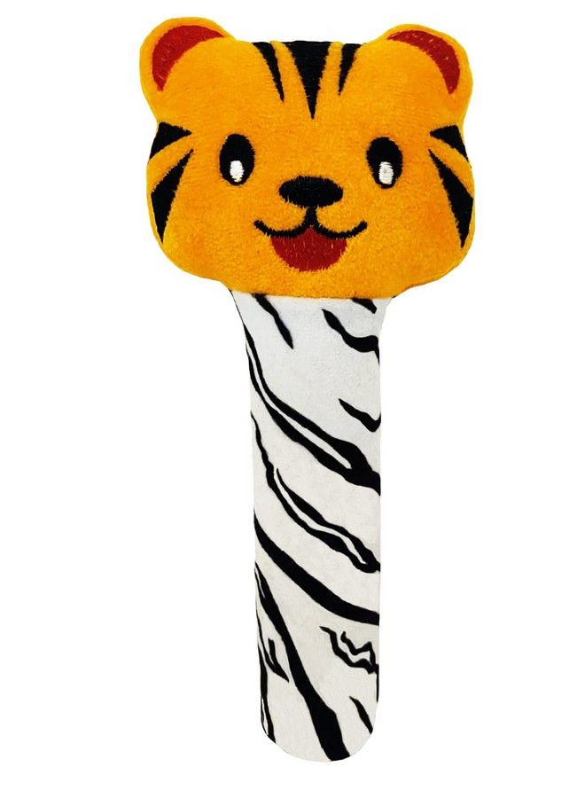 Tiger Face Rattle Soft Toy With Squeeze Handle For Squeaky Sound (Orange)