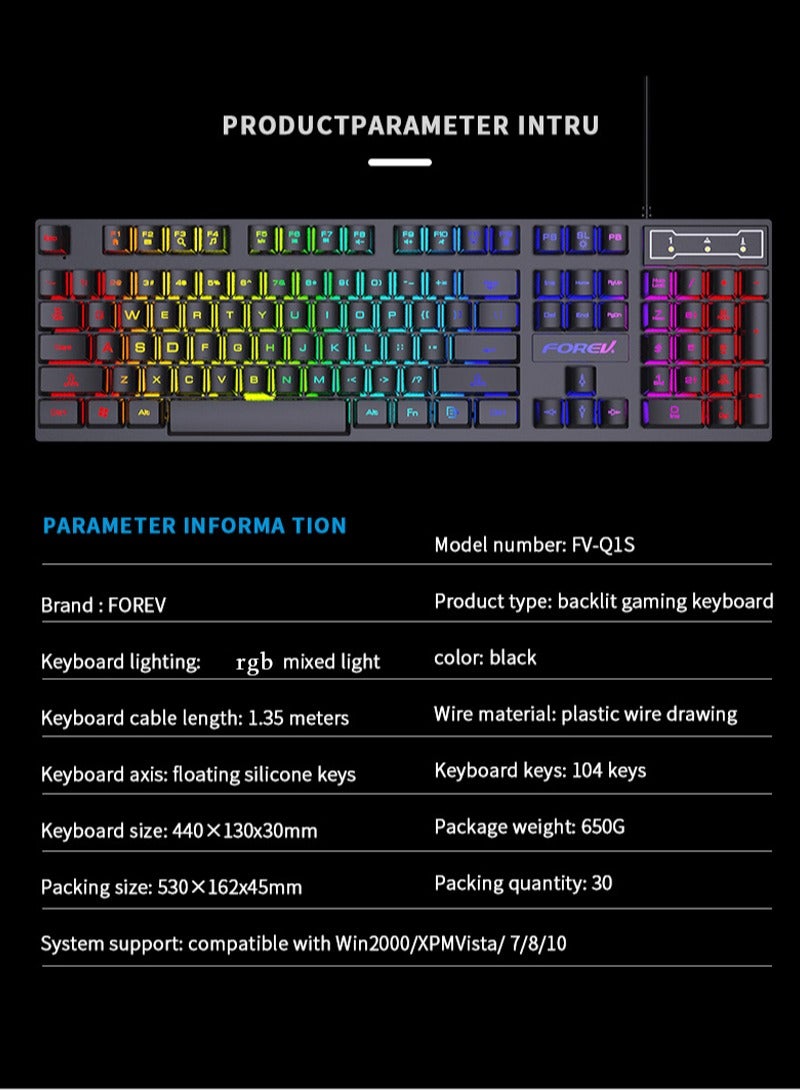 RGB Gaming Keyboard Mouse Set, Mechanical Keyboard Feel Keyboard,104 Keys Transparent Keycap Keyboard with Mouse, for Gaming Office