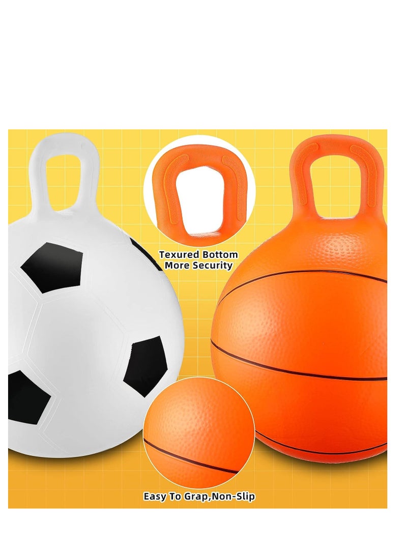 2 Pcs Hopper Ball, 18'' Jumping Hoppity Ball with Handle in Soccer Basketball Style, Kids 3-6 Years Exercise Ball Inflatable Sport Bouncy Balls, for Outdoors Sports School Games Exercise