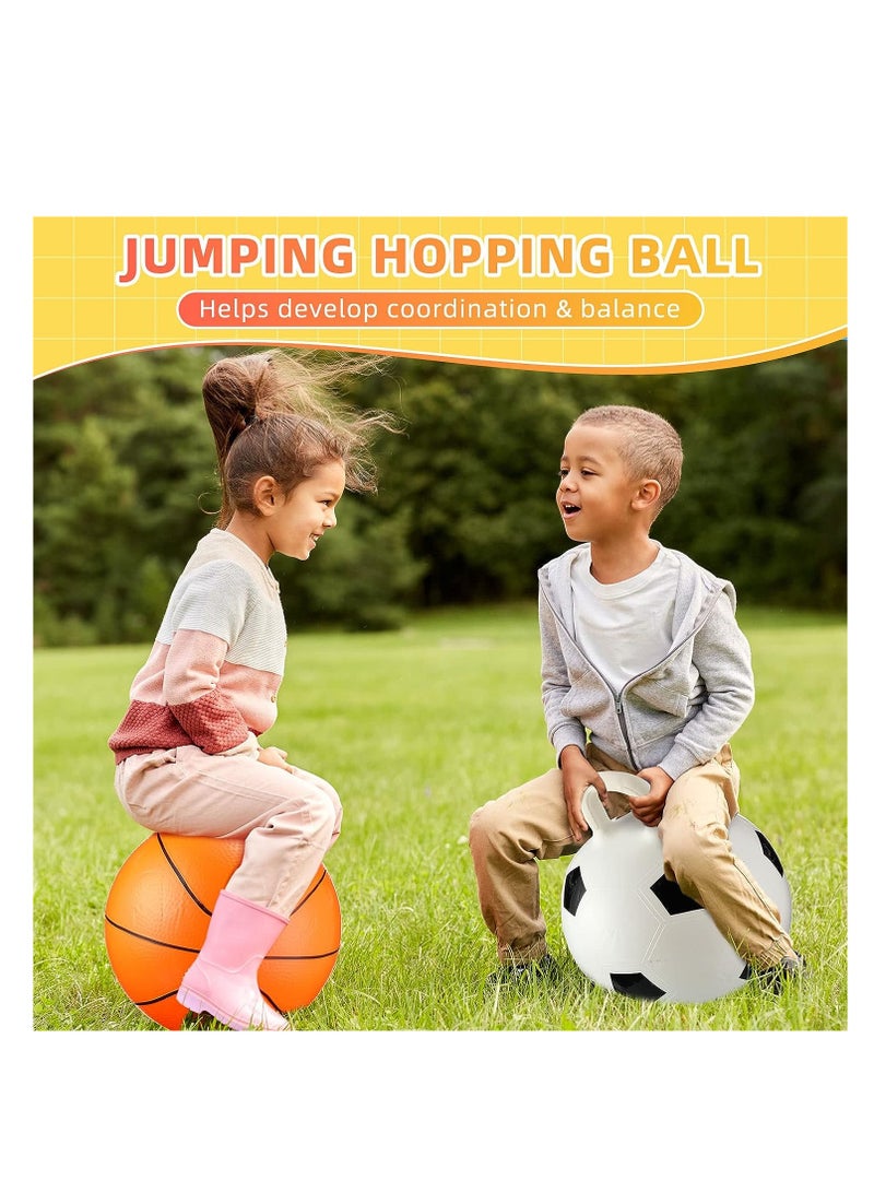 2 Pcs Hopper Ball, 18'' Jumping Hoppity Ball with Handle in Soccer Basketball Style, Kids 3-6 Years Exercise Ball Inflatable Sport Bouncy Balls, for Outdoors Sports School Games Exercise