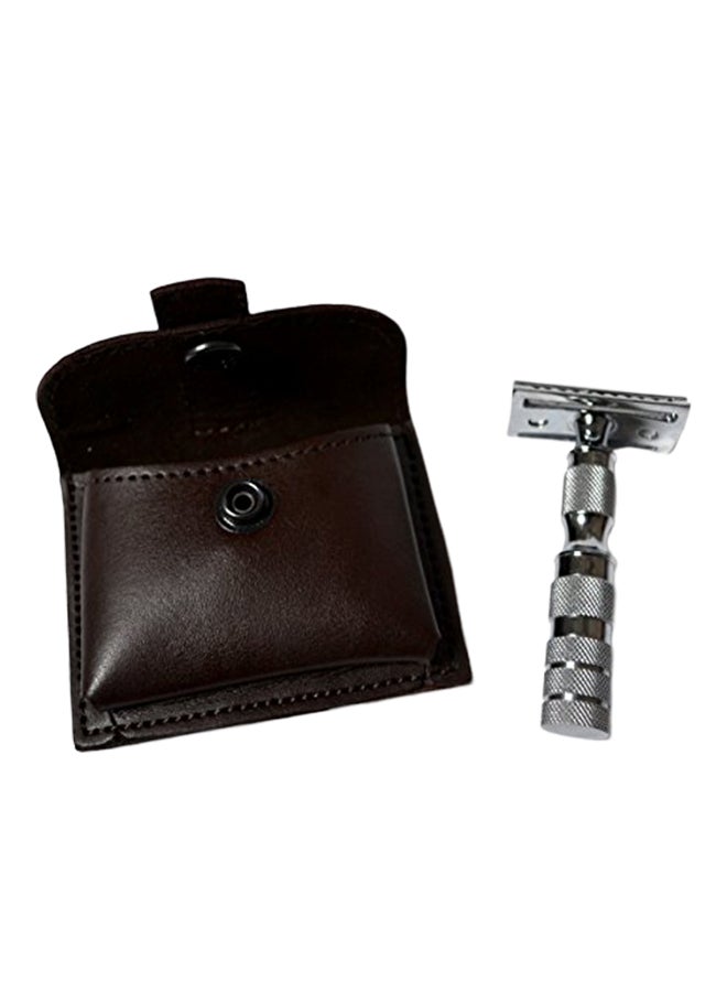 Double Edge Safety Razor With Leather Case Silver 2X4X2.8inch