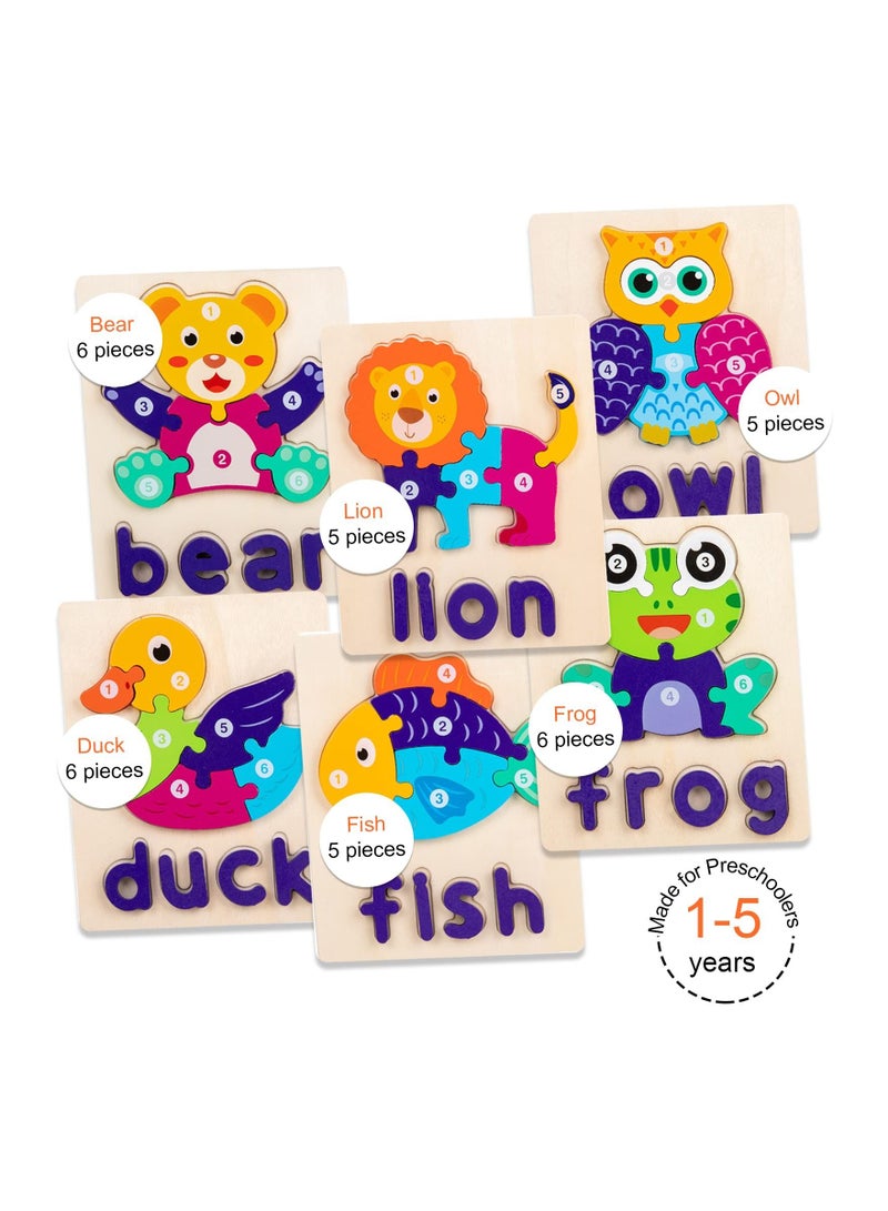 6 Pack Wooden Puzzles for Toddler with Animal Shapes Alphabet Spelling Preschool Educational Toys Shape Early Learning Activities Kids