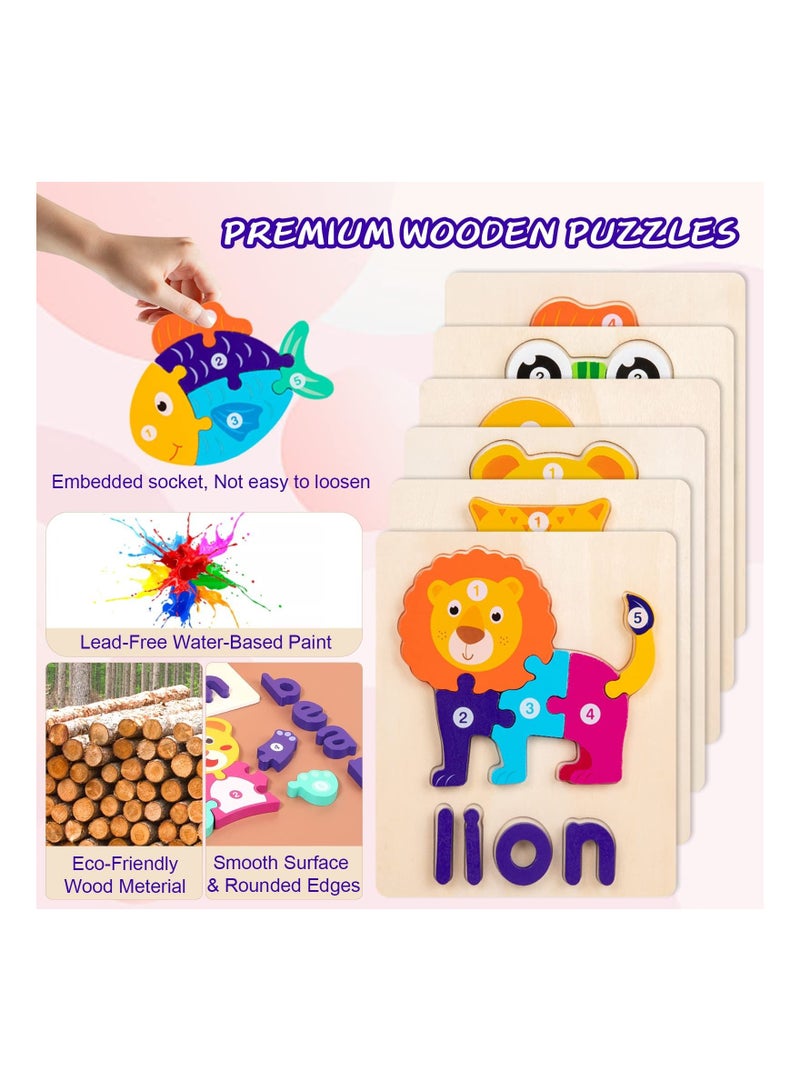 6 Pack Wooden Puzzles for Toddler with Animal Shapes Alphabet Spelling Preschool Educational Toys Shape Early Learning Activities Kids