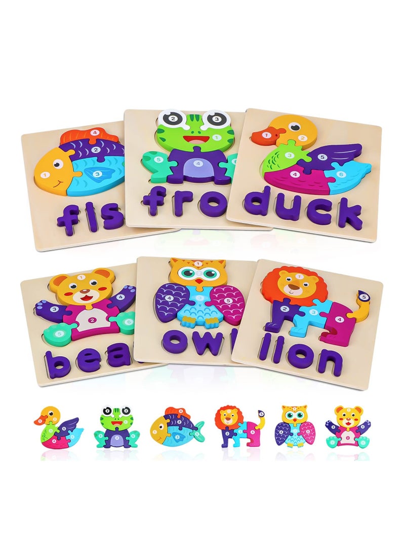 6 Pack Wooden Puzzles for Toddler with Animal Shapes Alphabet Spelling Preschool Educational Toys Shape Early Learning Activities Kids