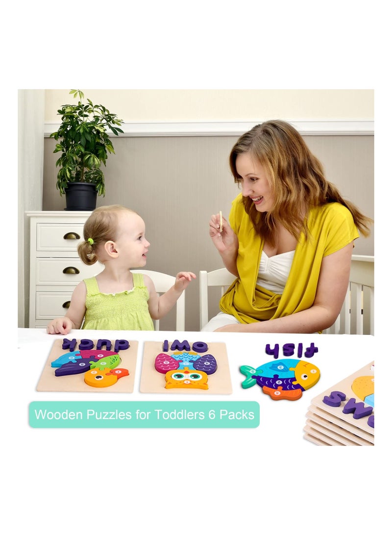6 Pack Wooden Puzzles for Toddler with Animal Shapes Alphabet Spelling Preschool Educational Toys Shape Early Learning Activities Kids