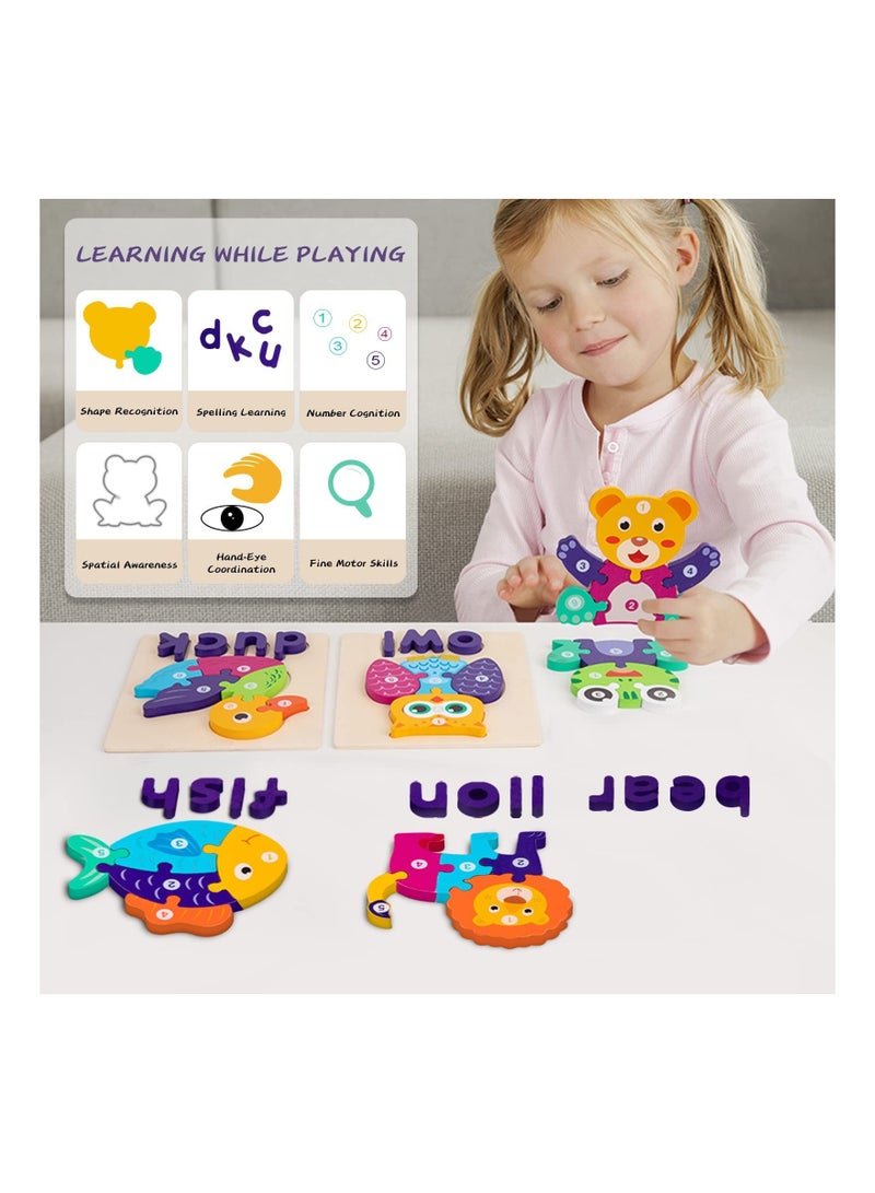 6 Pack Wooden Puzzles for Toddler with Animal Shapes Alphabet Spelling Preschool Educational Toys Shape Early Learning Activities Kids