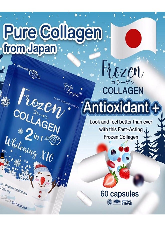 Pack of Frozen Collagen Plus 2in1 Whitening X10 (60 Capsules) and Frozen Detox 2in1 Detox and Fiberry (60 Capsules), Combat Acne, Freckles, Melasma, Lighten and Brighten Skin for Radiant Youthful Glow