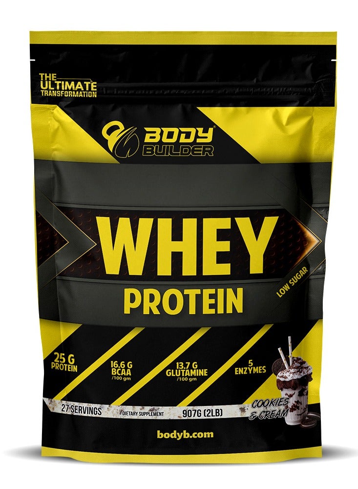Body Builder 100% whey protein - Cookies Cream- 2lb, Elite Whey Protein Blend for Optimal Muscle Growth and Recovery, Rich in BCAAs, Glutamine and Digestive Enzymes, perfect post workout fuel