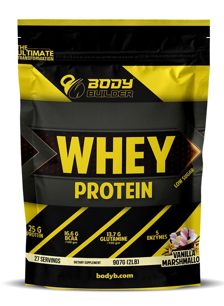 Body Builder 100% whey protein - Vanilla Marshmallow- 2lb, Elite Whey Protein Blend for Optimal Muscle Growth and Recovery, Rich in BCAAs, Glutamine and Digestive Enzymes, perfect post workout fuel