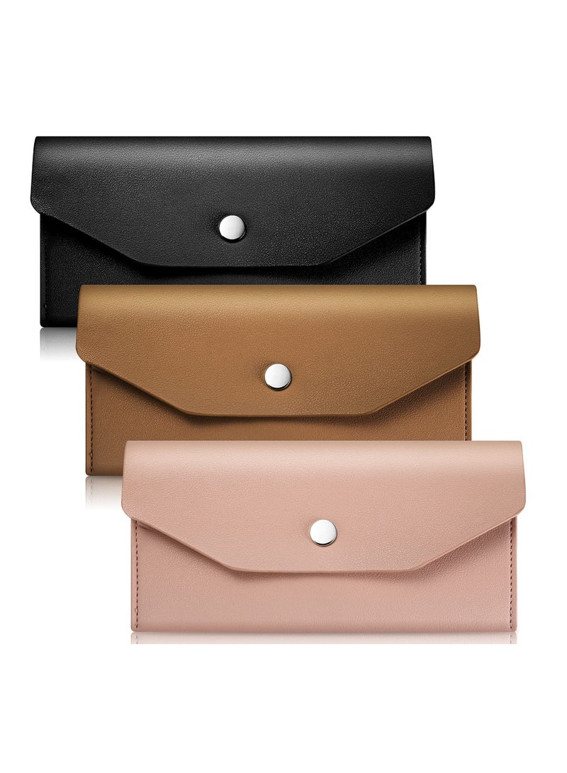 3 Pieces Cash Envelopes Bag PU Leather Cash Money Pouch Cash Wallet Envelope Reusable for Spring Festival Wedding Birthday Graduation Holidays (Black, Camel Pink)