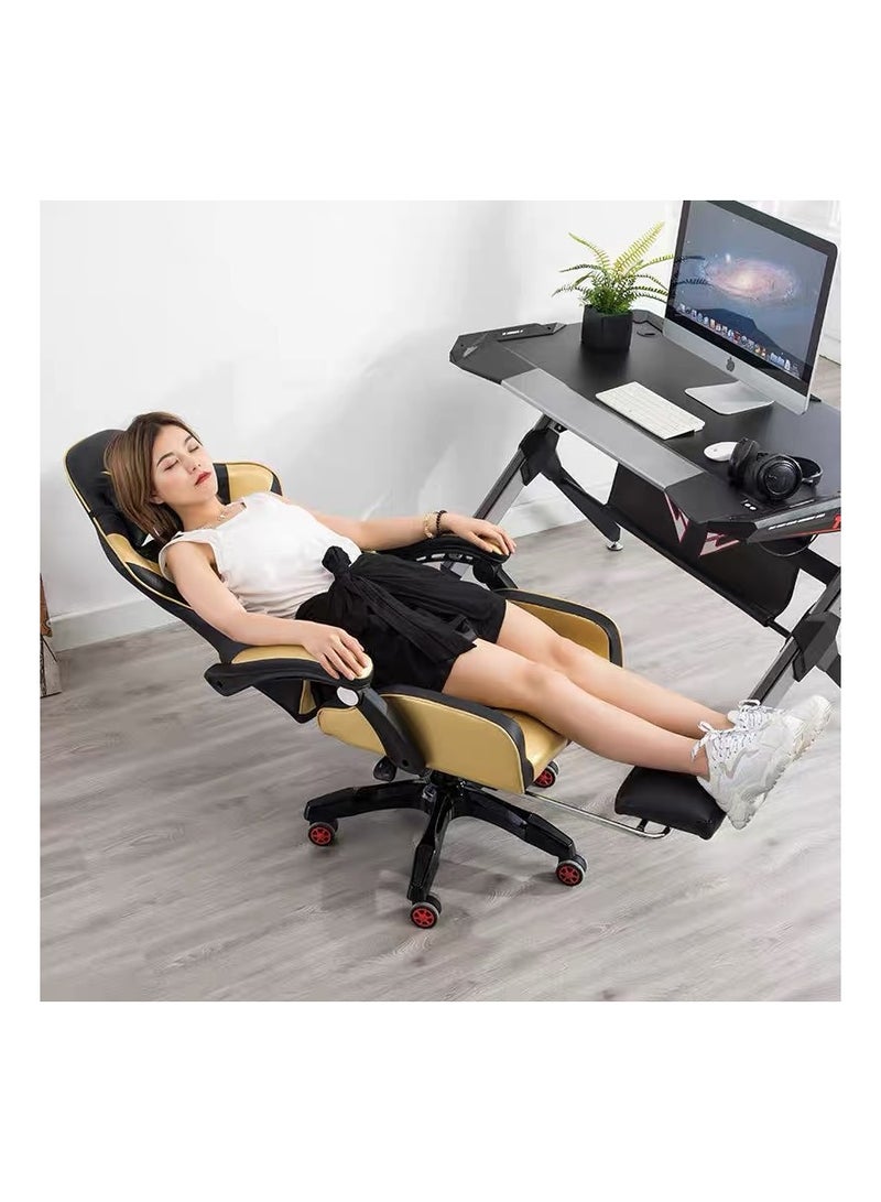 Gaming Chair with Footrest for Adults Ergonomic High Back Office Racing Chair with Armrest, Swivel Leather Desk Chairs with Adjustable Headrest and Lumbar Cushion for Office and Home White/Black