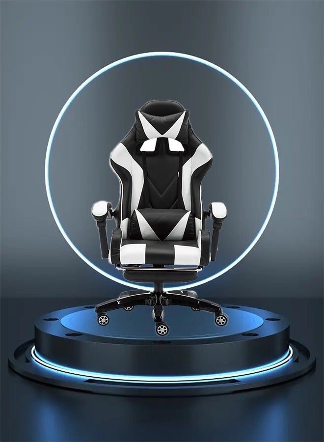 Gaming Chair with Footrest for Adults Ergonomic High Back Office Racing Chair with Armrest, Swivel Leather Desk Chairs with Adjustable Headrest and Lumbar Cushion for Office and Home White/Black