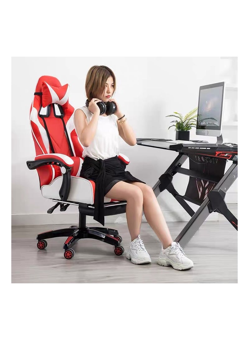 Gaming Chair with Footrest for Adults Ergonomic High Back Office Racing Chair with Armrest, Swivel Leather Desk Chairs with Adjustable Headrest and Lumbar Cushion for Office and Home White/Black