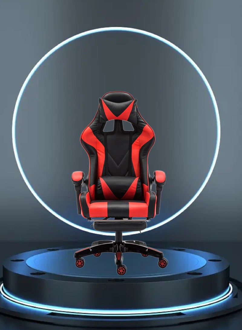 Gaming Chair with Footrest for Adults Ergonomic High Back Office Racing Chair with Armrest, Swivel Leather Desk Chairs with Adjustable Headrest and Lumbar Cushion for Office and Home Red/Black