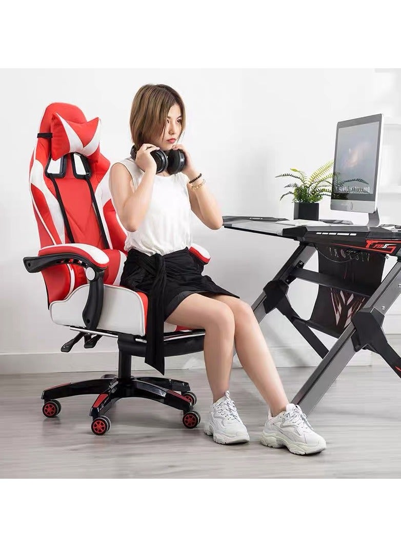 Gaming Chair with Footrest for Adults Ergonomic High Back Office Racing Chair with Armrest, Swivel Leather Desk Chairs with Adjustable Headrest and Lumbar Cushion for Office and Home Red/Black