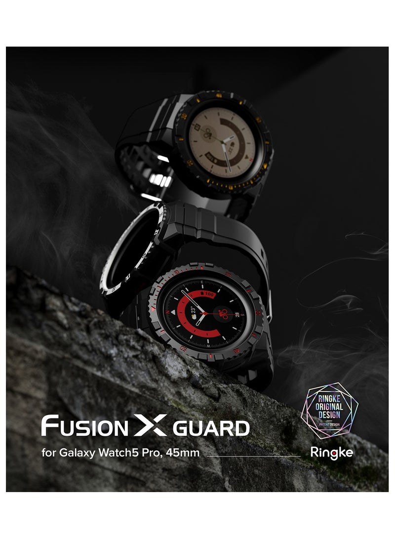 Fusion-X Guard [Watch Band + Case] Compatible With Samsung Galaxy Watch 5 Pro Band With Case Shockproof Rugged Cover With Strap Black (Red Index)