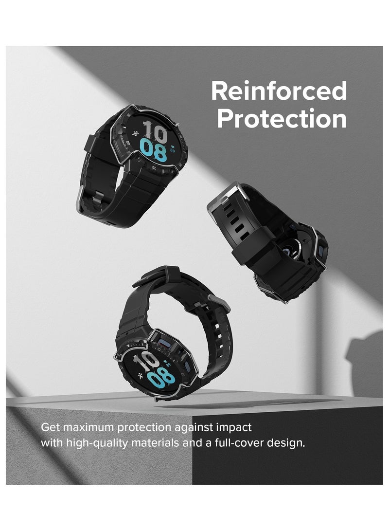 Fusion-X Guard [Band + Case] Compatible With Samsung Galaxy Watch 5 / Watch 4 Band With Case (44mm), Shockproof Rugged Stainless Steel Wire Guard Cover Black (White Index)