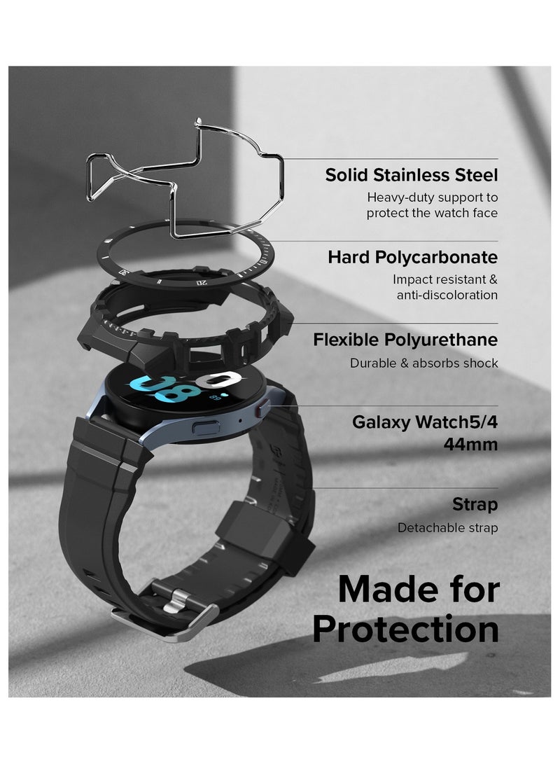 Fusion-X Guard [Band + Case] Compatible With Samsung Galaxy Watch 5 / Watch 4 Band With Case (44mm), Shockproof Rugged Stainless Steel Wire Guard Cover Black (White Index)