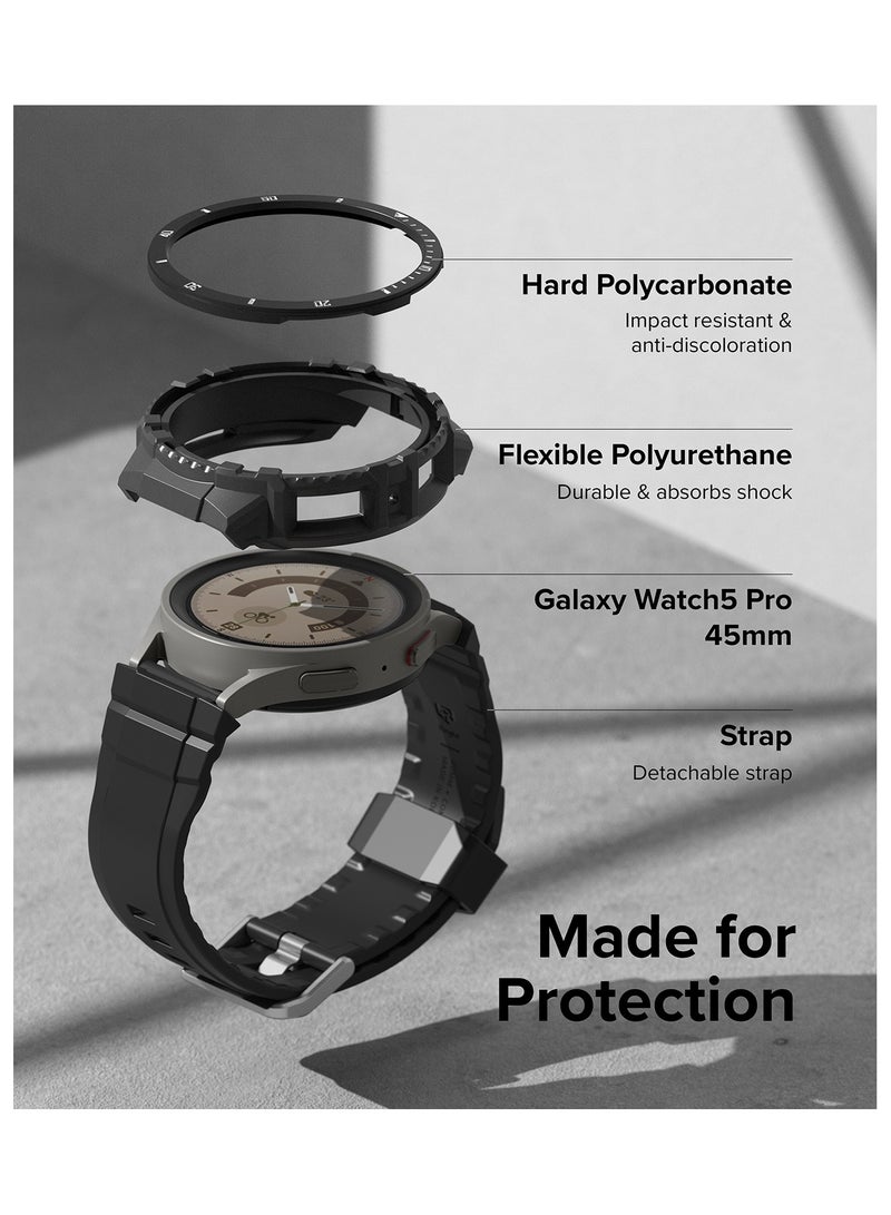Fusion-X Guard [Watch Band + Case] Compatible With Samsung Galaxy Watch 5 Pro Band With Case Shockproof Rugged Cover With Strap Black (White Index)