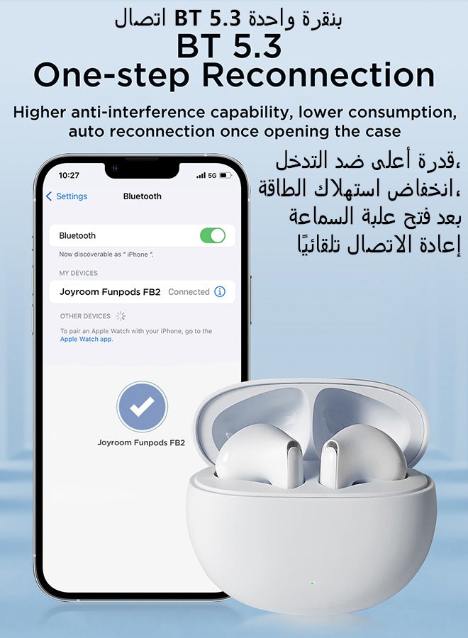 FB2 Bluetooth 5.3 Headphones 65ms Low Latency IPX5 Waterproof DNS Call Enhancement Instant Flash Charge Hifi True Wireless Earbuds Suitable for Men Women Earphones with Charging Box White