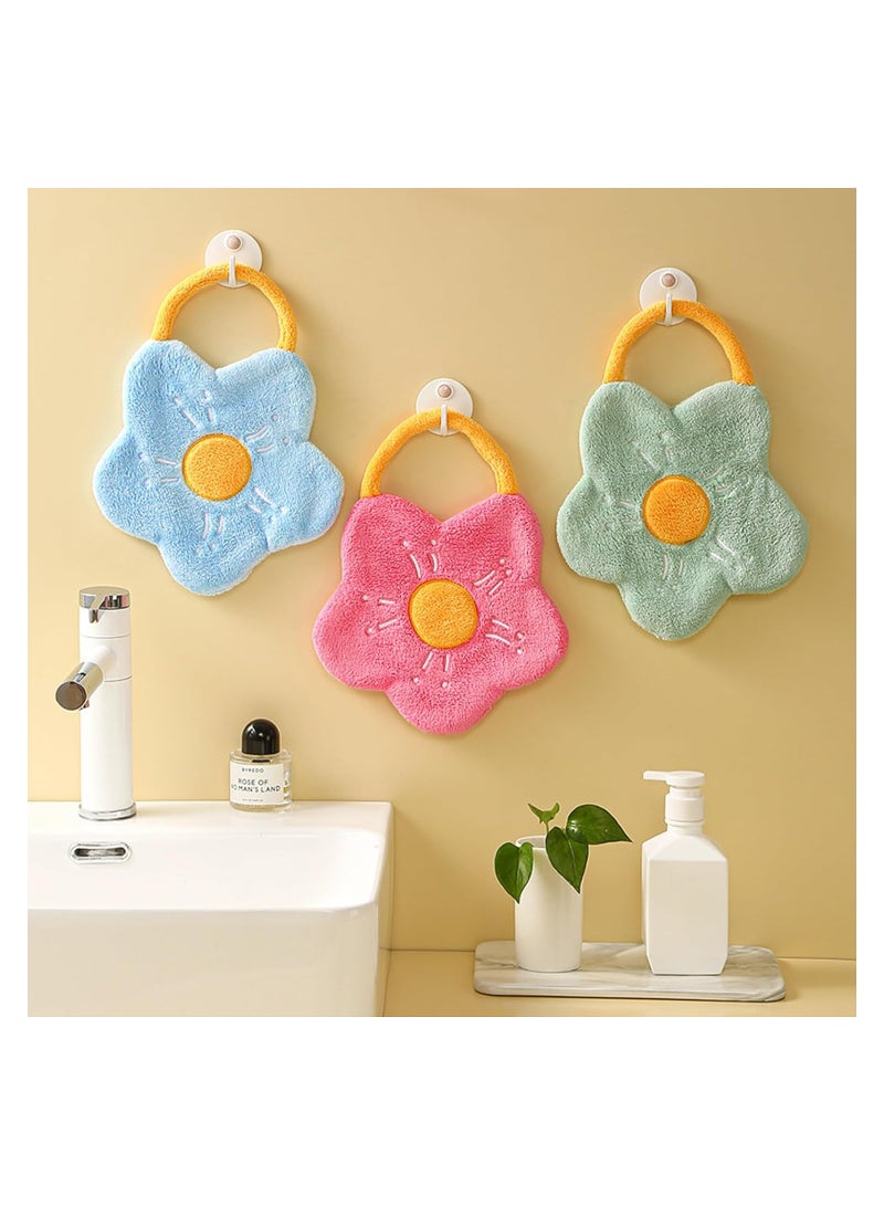 Cute Flower Hand Towels with Hanging Loop, 4 Pcs Soft Absorbent Coral Fleece Hand Towels, Bathroom Kitchen Quick Dry Hanging Hand Towels for Kids, Adults