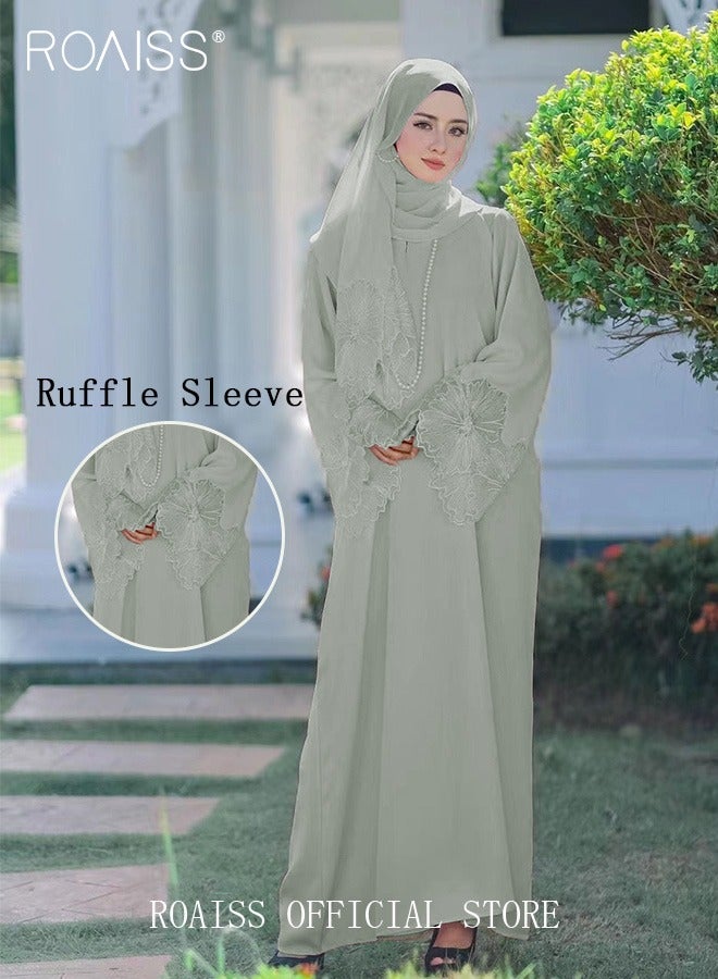 Women's Long-Sleeved Solid Dress Fashionable Dress with Large Flowing Hemline and High Waistline Elegant for Casual Outfits and Special Occasions Soft Red Light Green