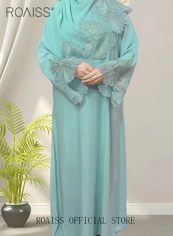 2 PCS Women's Robe Dress Solid Color Floral Embroidery Lace Edge Traditional Wear Muslim Abaya with Same Headscarf Lake Blue