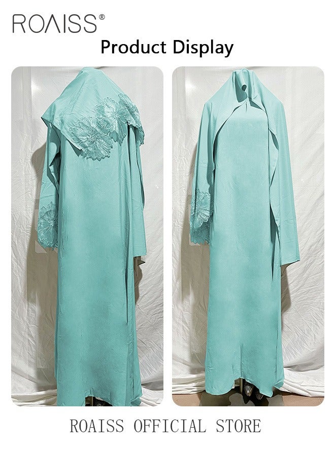 2 PCS Women's Robe Dress Solid Color Floral Embroidery Lace Edge Traditional Wear Muslim Abaya with Same Headscarf Lake Blue