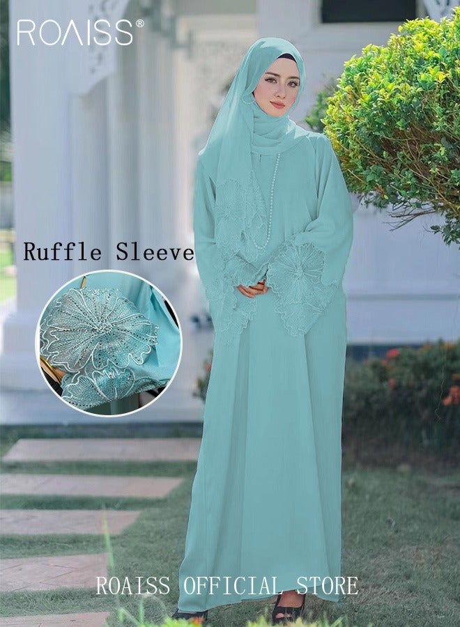 2 PCS Women's Robe Dress Solid Color Floral Embroidery Lace Edge Traditional Wear Muslim Abaya with Same Headscarf Lake Blue