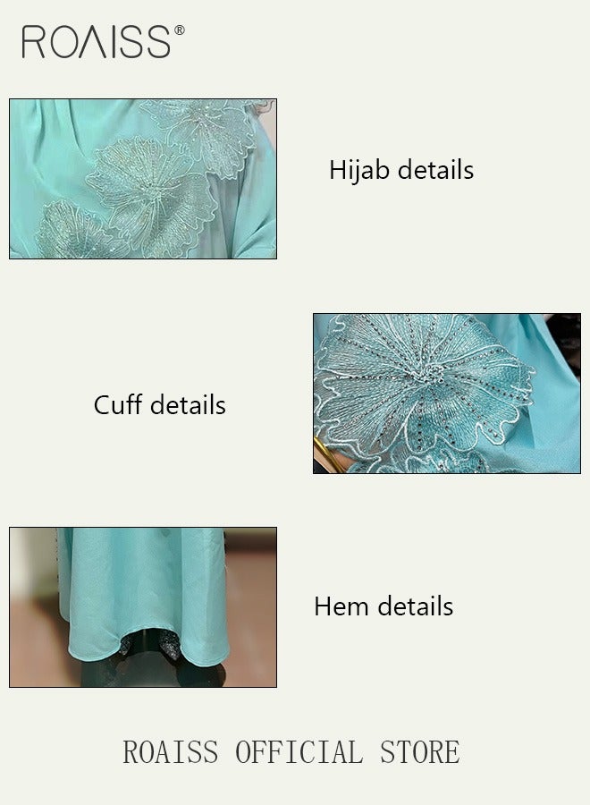 2 PCS Women's Robe Dress Solid Color Floral Embroidery Lace Edge Traditional Wear Muslim Abaya with Same Headscarf Lake Blue