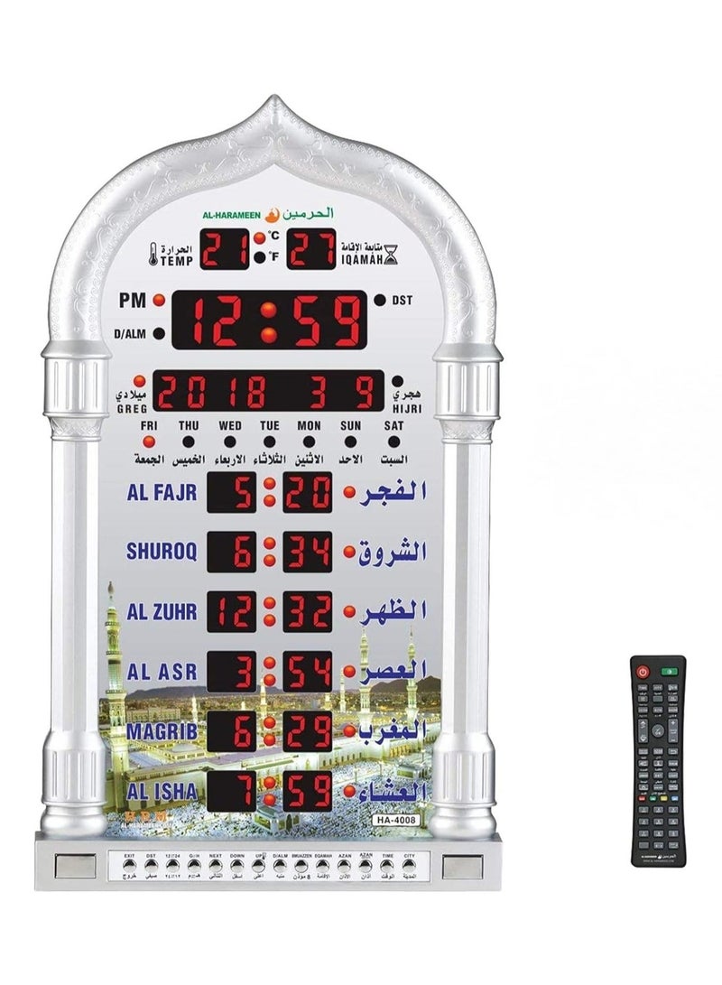 HA-4008 LED Digital Muslim Clock Islamic Wall Clock, Mosque Prayer Times Wall Clock, Masjid Clock with Complete Azaan (White)