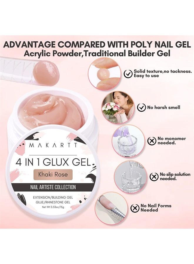 Solid Builder Nail Gel,15ML 4 in 1 Nail Extension Gel UV Nail Glue for Acrylic Nails Soft Gel Nails Rhinestones Gel 3D Sculpture Gel Hard Gel for Nails UV/LED Nail Lamp Required Khaki Rose