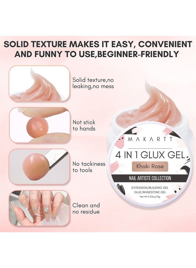 Solid Builder Nail Gel,15ML 4 in 1 Nail Extension Gel UV Nail Glue for Acrylic Nails Soft Gel Nails Rhinestones Gel 3D Sculpture Gel Hard Gel for Nails UV/LED Nail Lamp Required Khaki Rose